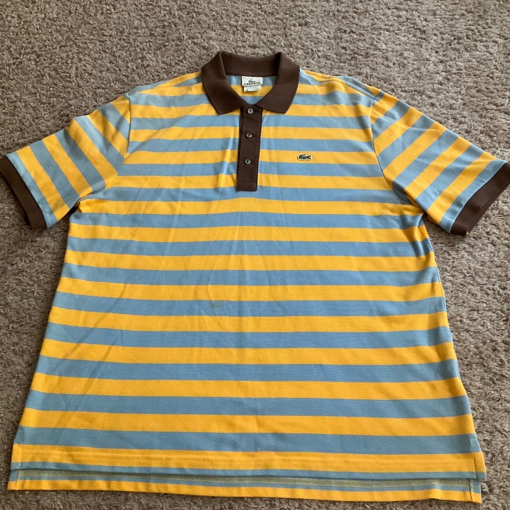 Lacoste Men’s Polo Color Heather Striped With Brown Collar Size Lacoste 7